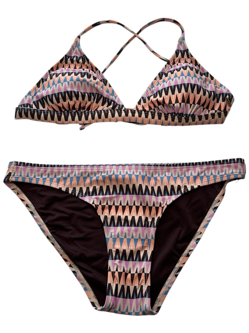 Rip Curl Swimsuit Two Piece Triangle Bikini Peach Black Geometric NWT Small
